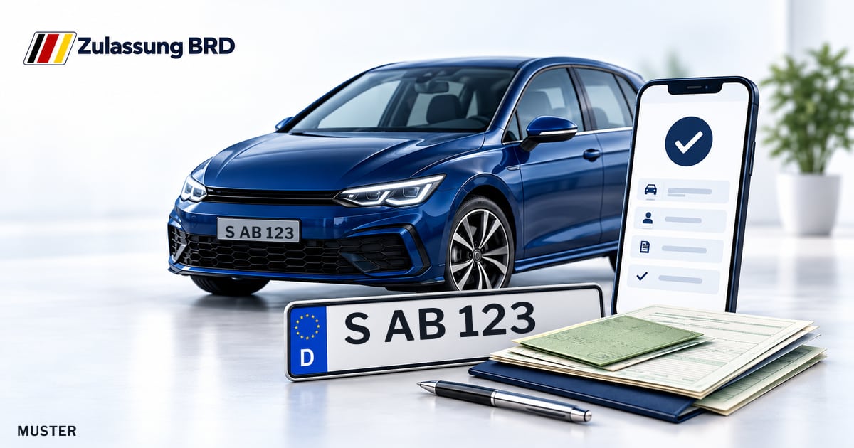 Online Fahrzeugzulassung in Stuttgart: Musterkennzeichen S AB 123, Auto und Fahrzeugpapiere und Smartphone. Illustration mit Logo von Zulassung BRD.